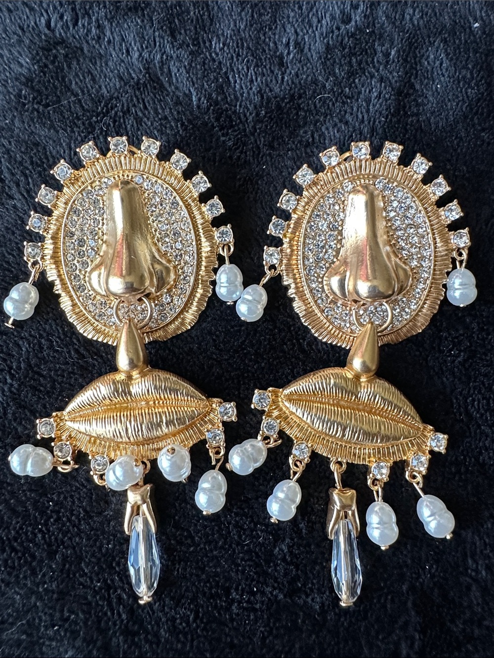 Gold-Tone Lip & Nose Statement Drop Earrings with Pearls